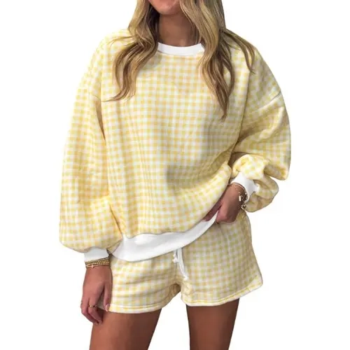 Fisoew Women's 2-Piece tracksuit streetwear - Crew Neck Ribbed Oversized Balloon Sleeve Sweatshirt, Adjustable Drawstring Beach Bottom Shorts, Women's 2 Piece Sets for Lounging, Pajama Sets Women