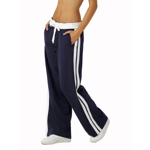 Fisoew Women's High Waisted Wide Leg Casual Track Pants - Adjustable Striped Crop Sweatpants with Drawstring, Smooth Athletic Bottoms for Women, Streetwear, Biker Looks, Cold Wash Compatible