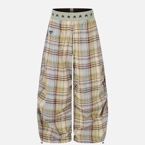 Aelfric Eden Star Waist Plaid Baggy Barrel Pants High Waist Balloon Barrel Silhouette Star Print Waistband Fresh Plaid Fabric Adjustable Ankle Drawstring Retro Streetwear Unisex Bottoms