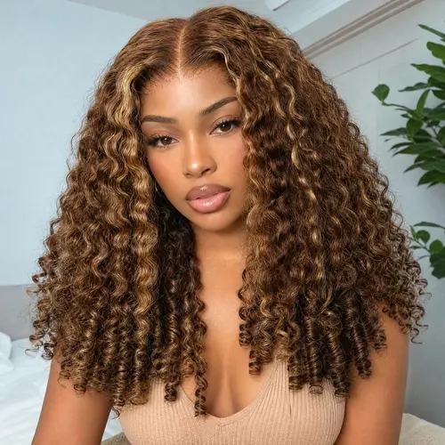 OQ HAIR Highlight 4/27 Colored Glueless Wigs 13x6 Lace Frontal Burmese Curly Wigs Pre Plucked Pre Bleached 220% Density Human Hair Wear Go Drawstring Wigs For Women #tiktokshopstockup #SohoChic
