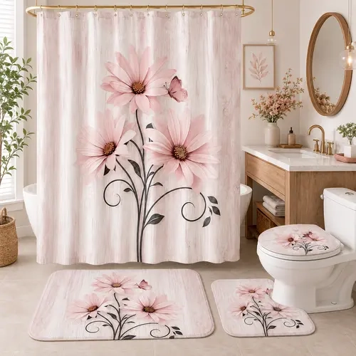 4-Piece  Pink Country Farmhouse Shower Curtain Set with Shower Curtain, Mat, and Accessories; Waterproof Decorative Bathroom Shower Curtain Set with 12 Hooks, 72 x 72 in