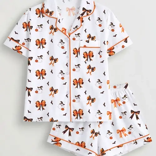 【Halloween】Women's Halloween Pajama Set Loungewear, Cute Ghost Cat Pumpkin Print, Short Sleeve Lapel Shirt & Elastic Shorts, Casual All-Season Sleepwear Pj Sets