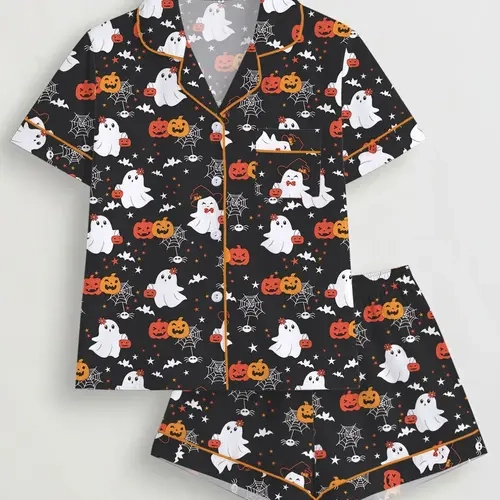 【Halloween】Women's Halloween Pajama Set, Cute Ghost Print Sleepwear, Short Sleeve Lapel Shirt & Elastic Shorts, Casual All-Season Loungewear, Pajamas Sets