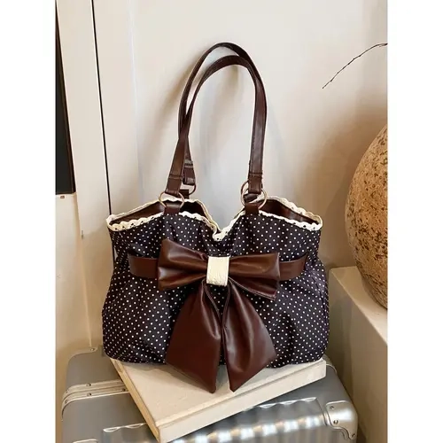 Women's Vintage Polka Dot Tote Gym Bag - Casual Fabric Purse, Double Handle, Large Bow, Vintage Lace Trim, Textured Design, Spacious Handbag, Accessories for Women, Gifts for Adults