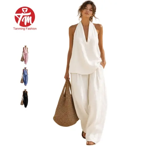 Tanming Womens Cotton Linen 2 Piece Set - Halter Neck Sleeveless Top & High Waisted Wide-Leg Palazzo Pants - Two Piece Outfit Matching Set - Spring Summer Fall Beach Vacation Boho Daily Loungewear