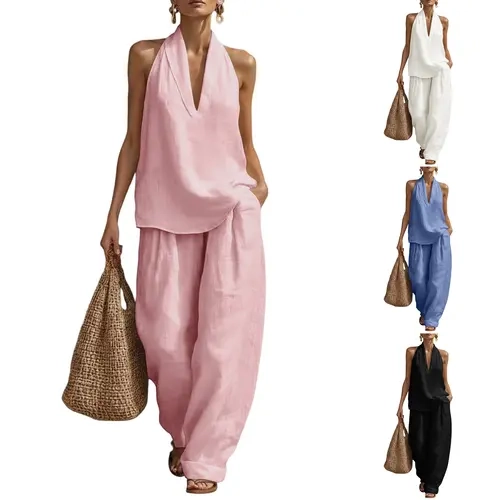 SCUSTY Women 2 Piece Linen Matching Outfits Summer Sleeveless V Neck Tops Wide Leg Pants Lounge Sets with Pockets