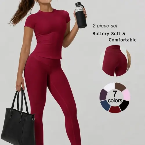 2 Piece Set, Activewear Set Women's Solid Color Crew Neck Slim Fit Breathable Short Sleeve Top and Pants Workout Set Comfortable High Stretch Tummy Control Butt Lifting Yoga Set for Outdoor Running Cycling Gym Pilates Training Fitness Outfit