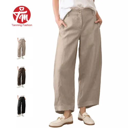Tanming Womens Linen Pants - High Waisted Relaxed Wide Leg Casual Trousers with Pockets - Fall Daily Commute Office Loungewear