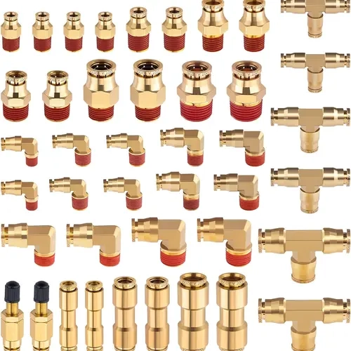 43 PCS Brass DOT Air Line Fittings 1/4" 3/8" 1/2" DOT Push Lock Air Fittings 100% Brass Quick Connect & NPT Thread Air Hose Fittings Repair Kit for Truck or Industrial Air System