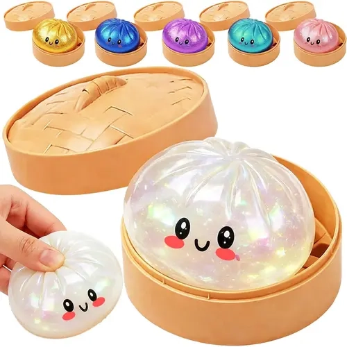 Glitter Dumpling Stretchy Squishy Toy - Bao Bun Squishy Fidget Sensory Product, Glitter Stress Balls, Soft Squeeze Gadget, Cute Stress Buddy, Adult Birthday Gifts (Home, Festive Party Supplies)