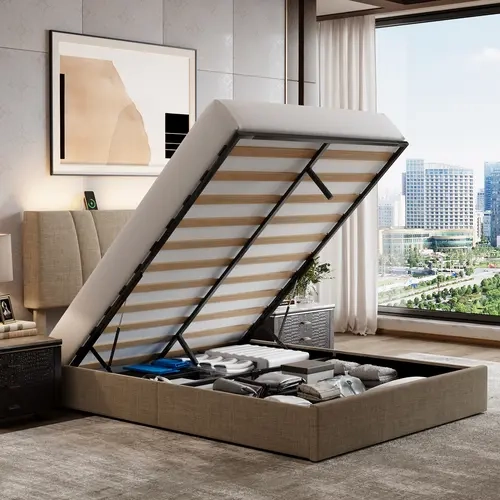 AVENCO Upholstered Metal Wood Lift-Up Storage Bed Frame with 3-Level Adjustable Headboard, Charging Station, LED Light, Hydraulic Support, Drawers Storage, Fire Safety Label - Queen/King Sizes, Assembly Required