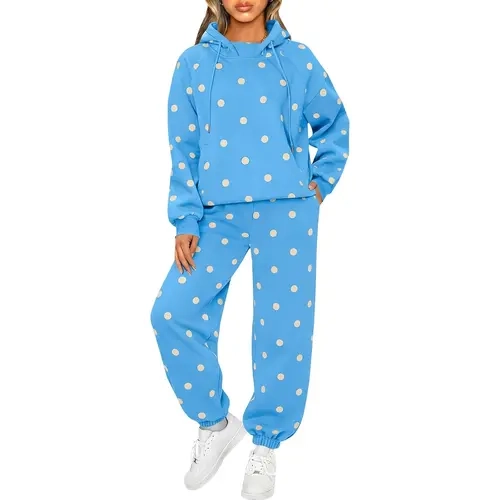 Fisoew Women's Polka Dot 2 Piece Casual Loose Tracksuit Set Raglan Sleeve Hoodie & Joggers with Side Pockets Comfy Women's Clothes Matching Set SohoChic
