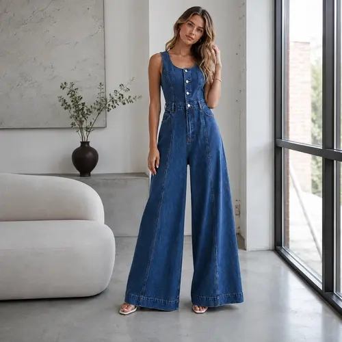 EL Elengatine Women's Clothing Vintage Cotton Sleeveless Denim Jumpsuit - High Waisted Wide Leg Overalls, Sexy Scoop Neck, Button-Up Front, Cinched Waist Figure-Shaping, Seam Detail, Comfort Stretch Blue, Chic Streetwear