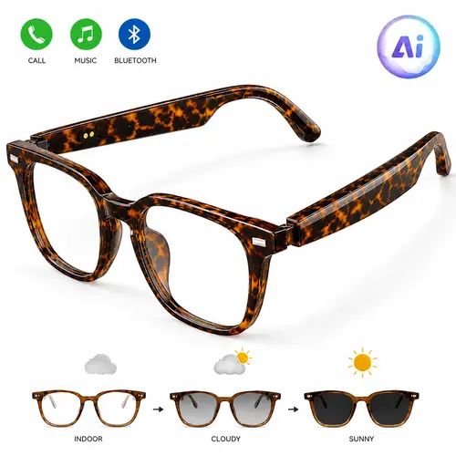 VUB Stylish AI Smart Wireless Glasses - Unisex Adult Oval Tortoiseshell Plastic Frame Wearable Tech, Adaptive Photochromic Lenses, Bluetooth Music Player, Blue Light Protection, Charging Cable, Batteries, Cloth for Casual Use