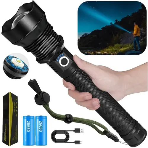 Aluminium High-Power Bright LED Torch - Retractable Zoom, Rain-Proof IP65, Type-C Fast Charge, Long-Lasting Batteries, Portable Home Improvement Light for Camping, Long-Range Spotlight, Emergencies