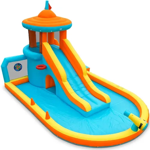 Outfunny Multi-Purpose Oxford Fabric Inflatable Playground Bounce House Water Park for Kids 3-10 - Portable with Blower, Splash Pool, Climbing Wall, Tunnel, Ring Toss, Mesh Airflow Walls, Accessories Set for Outdoor Backyard, Birthday Use