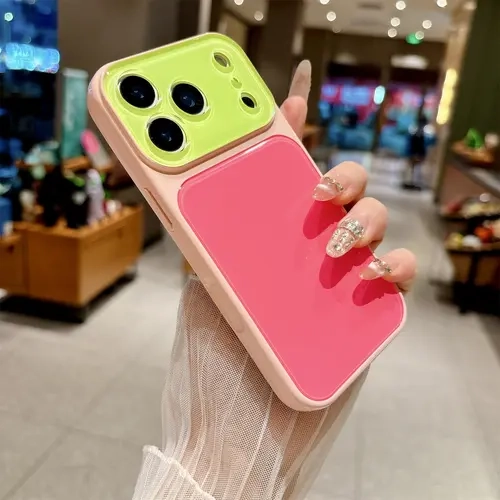 Dopamine Color-Block Contrast Phone Case for iPhone 18/17/16/15/14 Pro Pro Max - Crystal Camera Lens Frame, Anti-Scratch Protective Cover for Smartphone, Handheld Cellphone Devices, Summer Protection