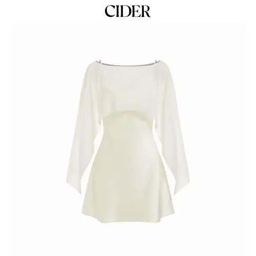 Cider Sheer Boat Neck Cape Top & Satin High Rise Mini Dress Set
