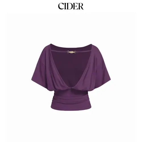 Cider Boat Neck Batwing Sleeve Backless Drawstring Metal Detail Oversized Crop Tee