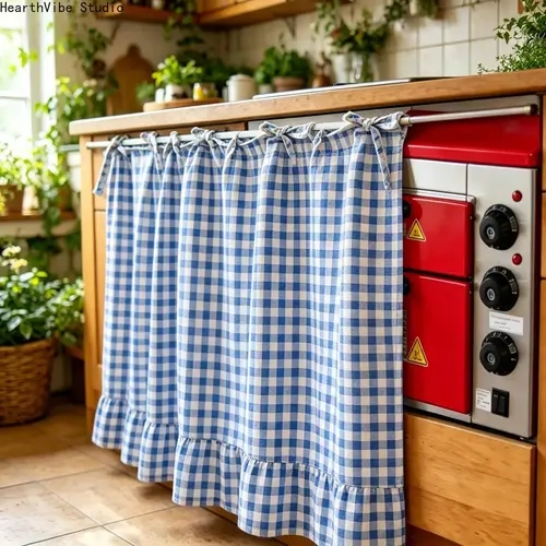 【SummerWins】2026 Farmhouse-Style Gingham Check Ruffle-Edge Stove Curtain, Rural Short Window Valance, Kitchen Dust Cover, Plaid Floral Window Treatment, Aesthetic Home Decor, Room Decor, Home Accessory (Sports & Outdoor Camping & Hiking Hammock Companion)