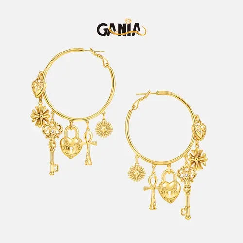 GANIA vintage large hoop earrings decorated with heart padlock pendants, carved keys, Ankh crosses, sun star and flower charms. Crafted with skin-friendly material, this versatile women ear jewelry is a nice pick for gift giving.