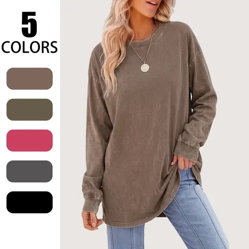 Women’s cotton crewneck pullover T-shirt—retro wash effect, loose fit with an oversized silhouette, long sleeves that create a slimming layer-over design, lightweight solid-color sporty layering style, comfortable everyday basic top suitable for plus size