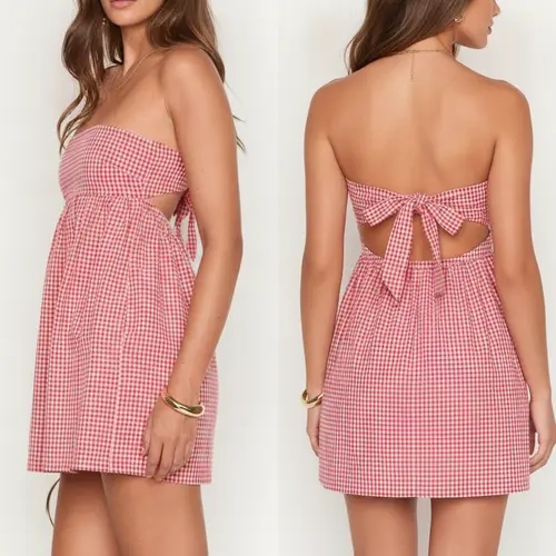 Women Gingham Plaid Strapless Mini Babydoll Dress, Tube Top Empire Waist Back Cutout Self Tie Bow Backless Short Sundress, Loose Flowy A Line Sleeveless Plaid Summer Dress