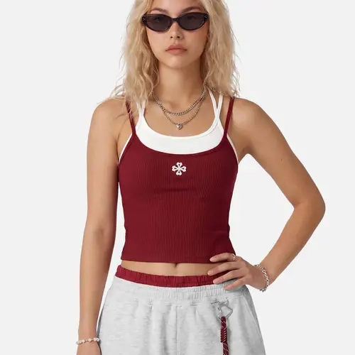 AELFRIC EDEN Women's Padded Ribbed Cami Top - Slim Cropped Y2K Streetwear, Quick-Dry Nylon-Spandex Stretch, Dual-Tone Layered Halter Neckline, Built-In Padding, Floral Chest Embroidery, Casual/Filming