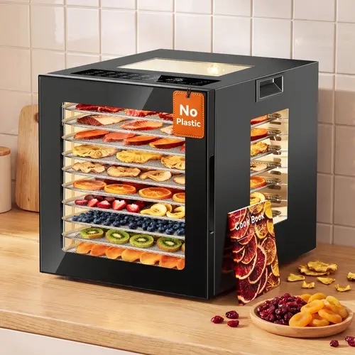 Manastin Stainless Steel Dehydrator - 10 Automatic Dishwasher Safe Trays, 850W Powerful Rear Fan, Touch Screen, 95-167℉ Temp Range, 48H Timer, 10 Smart Presets, ETL Certified, Quiet Operation, Overheat & Food-Safe, Overnight Use, for Meat Jerky, Fruit