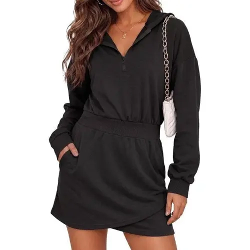Fisoew Women's Knit Oversized Quarter-Zip Hooded Casual Dress - Ribbed, Elastic Cinched Waist, Wrap Cross Hem, Long Drop Shoulder Sleeves, Side Pockets, Lightweight, Matching-Friendly, Gym Clothes, Zipper Clothes for Women