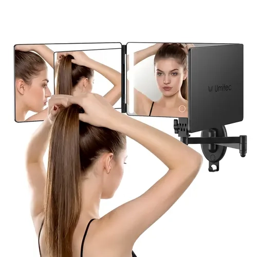 Umitec Medium Wall-Mounted 3-Way Trifold Bathroom Mirror - HD Glass, Adjustable LED Light, 360° Multi-Angle View, Vanity Organizer, Self Haircut Mirror, for Hair & Make-Up, Daily Use, Holiday Gift