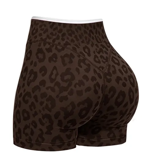 Women's Leopard Contrast-Trim Seamless Shorts, High-Waist Tummy-Control Butt-Lifting Stretch Yoga Shorts, Breathable Flattering Activewear for Running, Cycling, Gym, and Daily Wear Tight Fitted Shorts
