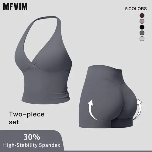 MFVIM Women's V-Neck Halter Long Yoga Sportswear Set - Back-Enhancing Waist-Defining Tank Top, High-Waisted Butt-Lifting Sports Shorts, 2-Piece Workout Clothes, Gym Sets, Back to School