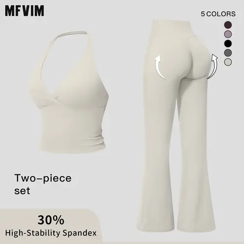 MFVIM Women's 2-Piece Gym Yoga Activewear Set - Twist Knot V-Neck Halter Tank Top, Back-Enhancing Waist-Defining, High-Waist Butt-Lifting Flared Pants, Gym Suit, Workout Sets Women, Travel Essentials