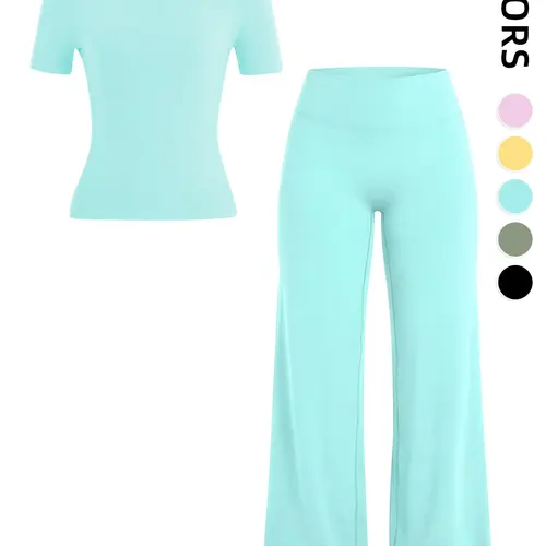 Women's 2-Piece Fitness Set, Comfortable Round Neck Short Sleeve Slim Fit Top & High Waist Pants, Casual Athletic Sportswear for All Seasons, Sport Casual Outfit, Athletic Outfits