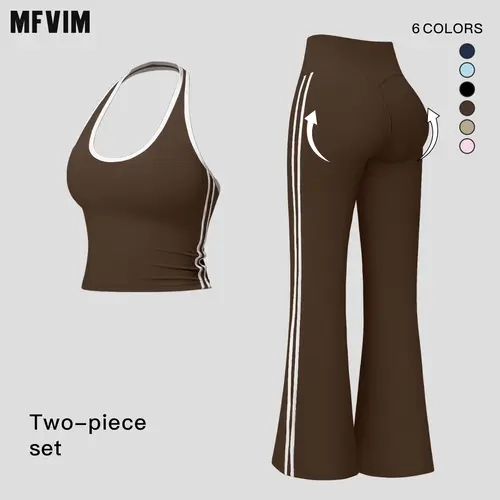 MFVIM Women’s Fitted Design Activewear 2-Piece Set - Breathable "Naked Feel" Wide-Neck Halter Crop Tank Top, Flattering Back, Tummy Control Slight Flared Yoga Bottoms, Gym Sets for Workout, Travel Essentials