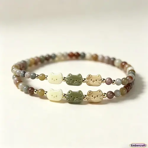 Women's Handmade Viral Cute Cat Animal Beaded Charm Bangle - Dainty Glass Whimsical Jewelry for Women, Beaded Stack, Feminine Items, Birthday Gifts for Everyday Wear
