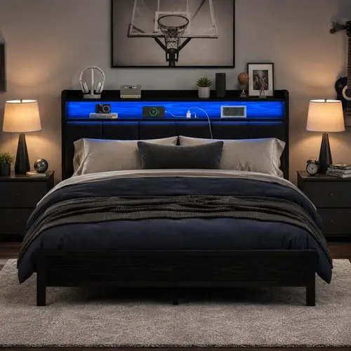HOMBCK Bed Frame with LED Lights and Charging Station, Upholstered Storage Headboard, Metal Platform Bed Frame with Metal Slats, No Box Spring Needed, Easy Assembly#SohoChic#Homemakeover