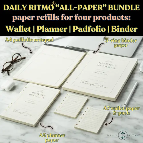 DAILY RITMO All-Paper Bundle, Paper Refills for A5 Planner, A7 Mini Wallet, 3-Ring Binder and A4 Padfolio