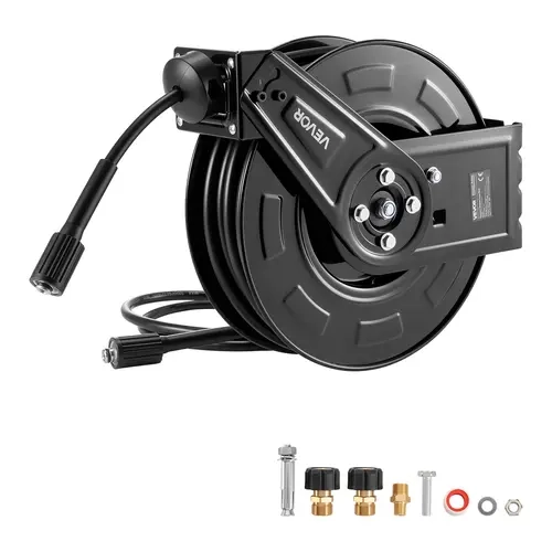 【toolupgrade】VEVOR Heavy Duty Hoses Retractable Pressure Washer Hose Reel, 60 ft x 1/4 in, 4000PSI Max, Auto-Rewinding, Steel Construction, Flexible Wall/Floor Mounted for Car Washing, Garden Cleaning