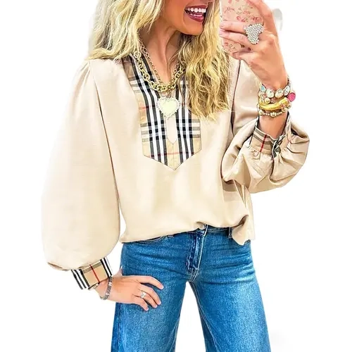 Cicy Bell Womens Puff Long Sleeve Blouse Casual Dressy Color Block V Neck Plaid Tops Loose Fit Shirts