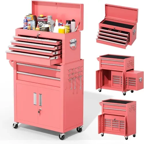 INTERGREAT Tool Chest, 8-Drawer Rolling Tool Chest with Hooks and Lockable Wheels,Metal Storage Detachable Top Tool Box with Lockable Wheels for Garage,Workshop,Art Studio(Pink)
