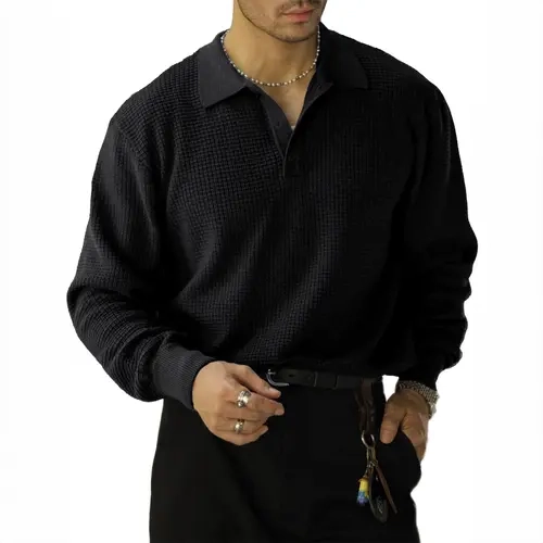 JMIERR Mens Waffle Knit Sweaters Dress Polo Pullover | Quarter Button, Textured, Soft Touch, V Neck, Long Sleeve, Casual, Fall, Winter