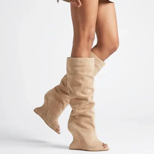 EROCALLI Women’s Nude Peep Toe Knee High Pull On Wedge Boots - Soft Smooth Suede, Inverted Sculptural Wedge Heel, Footwear, Statement Shoes - For Daily & Date Night Outfits, 15-Day Custom Ship