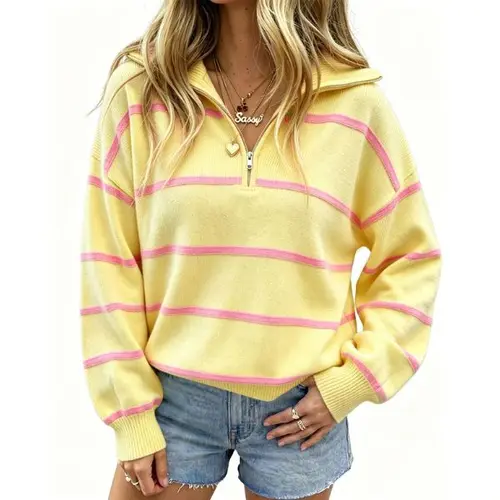 Fisoew Women's Vintage Light Denim Color Block Striped half-zip pullover Lapel Collar Drop Shoulder Long Sleeve Oversized Ribbed Knit Pullover Top - Casual, Minimalist, Comfortable Preppy Fabric for Back to School (Quarter Zips Women, 1/4 Zip Pullovers)