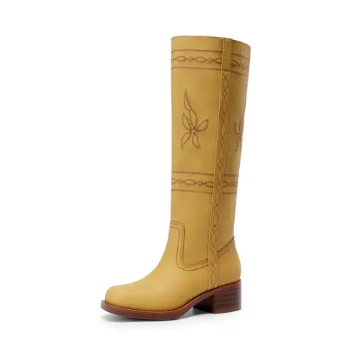 Dream Pairs Women's Vintage Embroidered Knee-High Cowboy Boots - Square Toe, 5mm Foam Sole, Slip-On in Seconds, Easy Care, Boot Heels, Shape-Holding, All Seasons, Cowboy Aesthetic, Casual Comfort, Durable Classic (Shoes for Women)