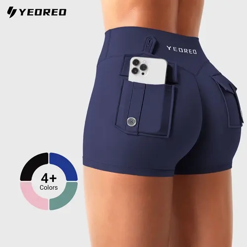 YEOREO CoreFlex Women's Lifting Support Active Shorts - Low Rise, Hidden Scrunch Booty Lifting, 2.5 in Cargo Pockets, No Padding, Everyday Fit, Sporty Chic Gym Wear, Stretchy