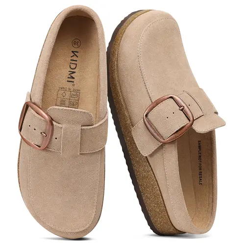 KIDMI Women's Adjustable Buckle Clogs Leather Clogs For Women | Genuine Suede Slip On Mule Clogs With Adjustable Buckle Strap | Classic Cork Footbed Design For Everyday Indoor Outdoor Wear