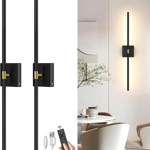Set of 2 Metal Matte Black Rechargeable LED Wall Sconces - 10000mAh Batteries, USB Port, 360° Rotatable Magnetic Peel-Stick Mount, 4CCT Dimmable Adjustable Indoor Lights, 72h Low Glow, Touch+Remote Control, 31.7in Mood Lighting for Bedroom,Bathrooms