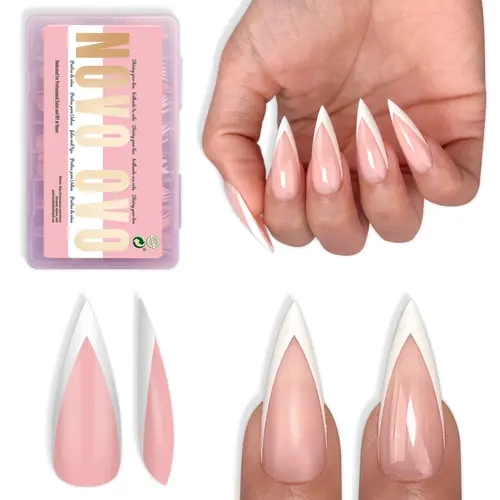 NOVO OVO Soft Gel Acrylic Press-On Nail Sets, White V-Shape French Tip Sharp Stiletto Medium Long Full Cover False Nails (Baby Pink, 16 Sizes, 10 Tips per Size, 160 Pcs Multi-Pack) for Salon DIY - No Glue, No Top Coat, No Light